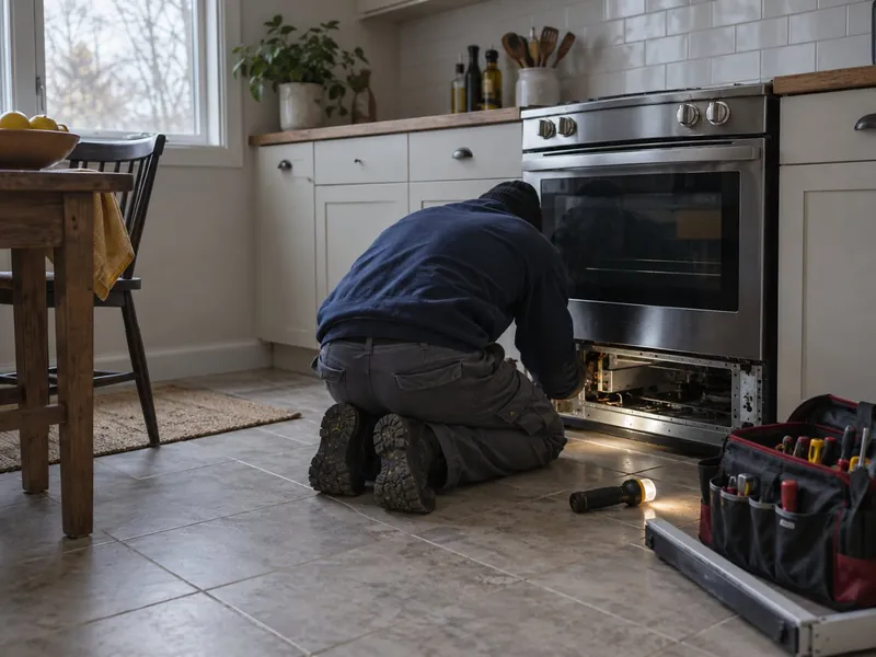 Technician kneeling at a kitchen range with the drawer out, tool bag and flashlight on the floor