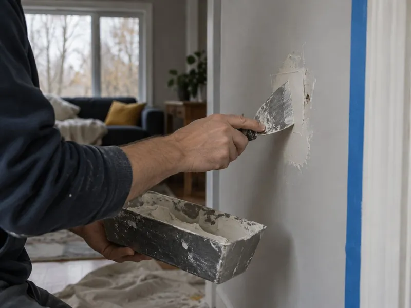Hand patching drywall with a putty knife and a mud tray, blue painter's tape along the wall