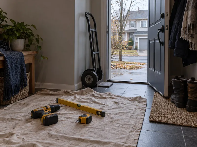 Entryway of an Ottawa house ready for a service visit: drop cloth, drill, level and tape measure, a hand truck by the open door