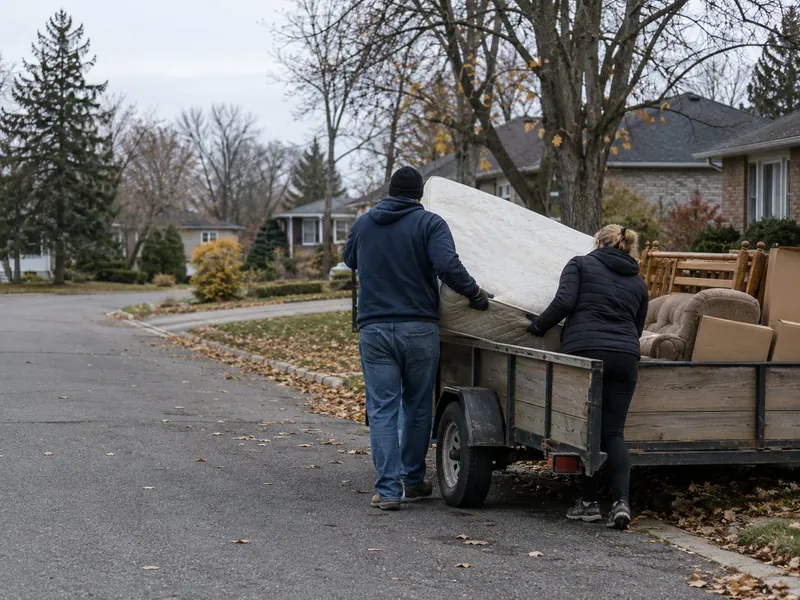 Two people loading a mattress onto a trailer of old furniture at the curb of an Ottawa street