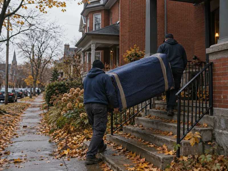 Two movers carrying a blanket-wrapped sofa up the steps of a red-brick Ottawa house in autumn