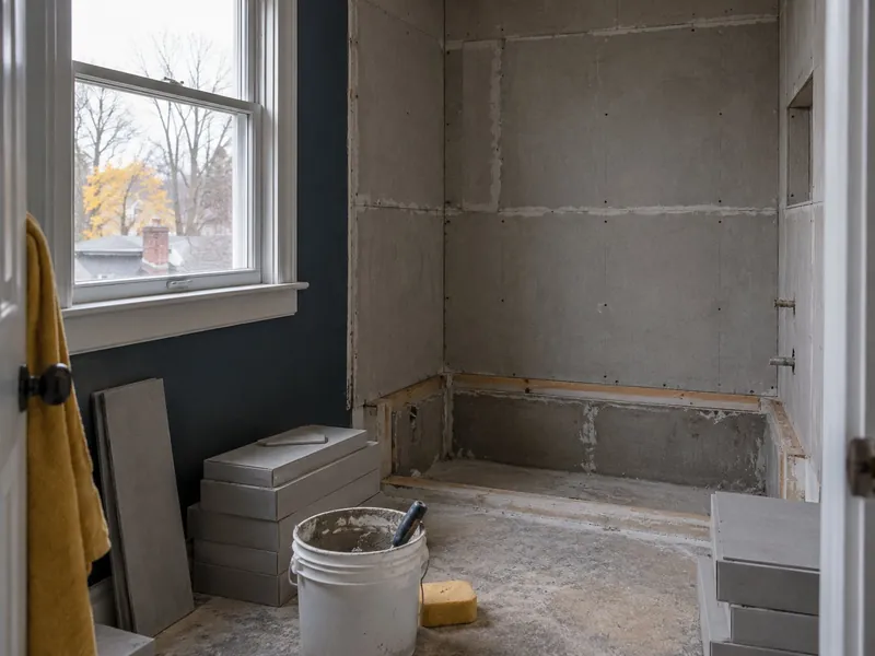 Bathroom mid-renovation: tub removed, cement board on the walls, tile and a bucket of thinset on the floor